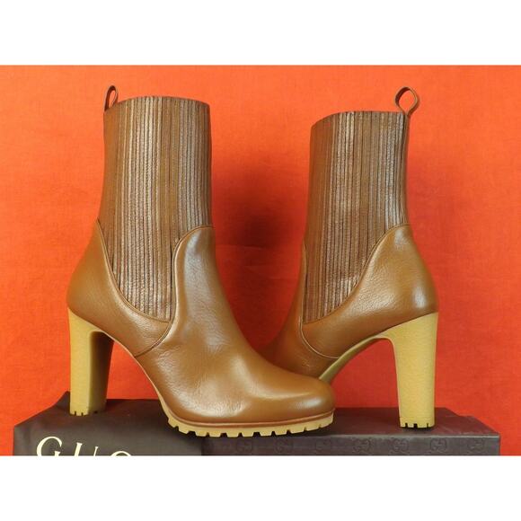 NIB GUCCI 323551 EDITH CUIR BROWN LUXOR LEATHER ELASTICIZED ANKLE BOOTS 39.5 - Picture 4 of 12